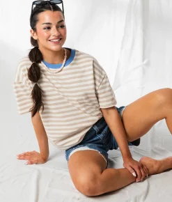 Tops | 33 Coastal Striped Ringer Oversized T-Shirt Cream Taupe