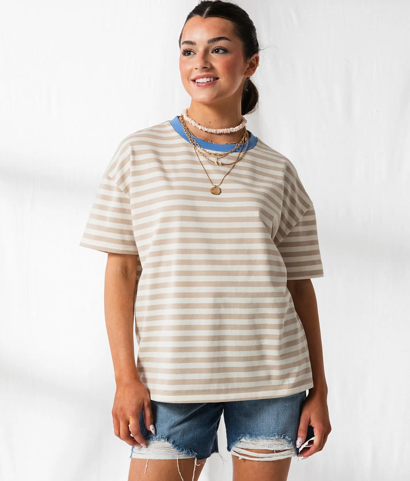 Tops | 33 Coastal Striped Ringer Oversized T-Shirt Cream Taupe