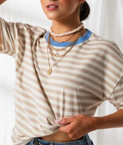 Tops | 33 Coastal Striped Ringer Oversized T-Shirt Cream Taupe