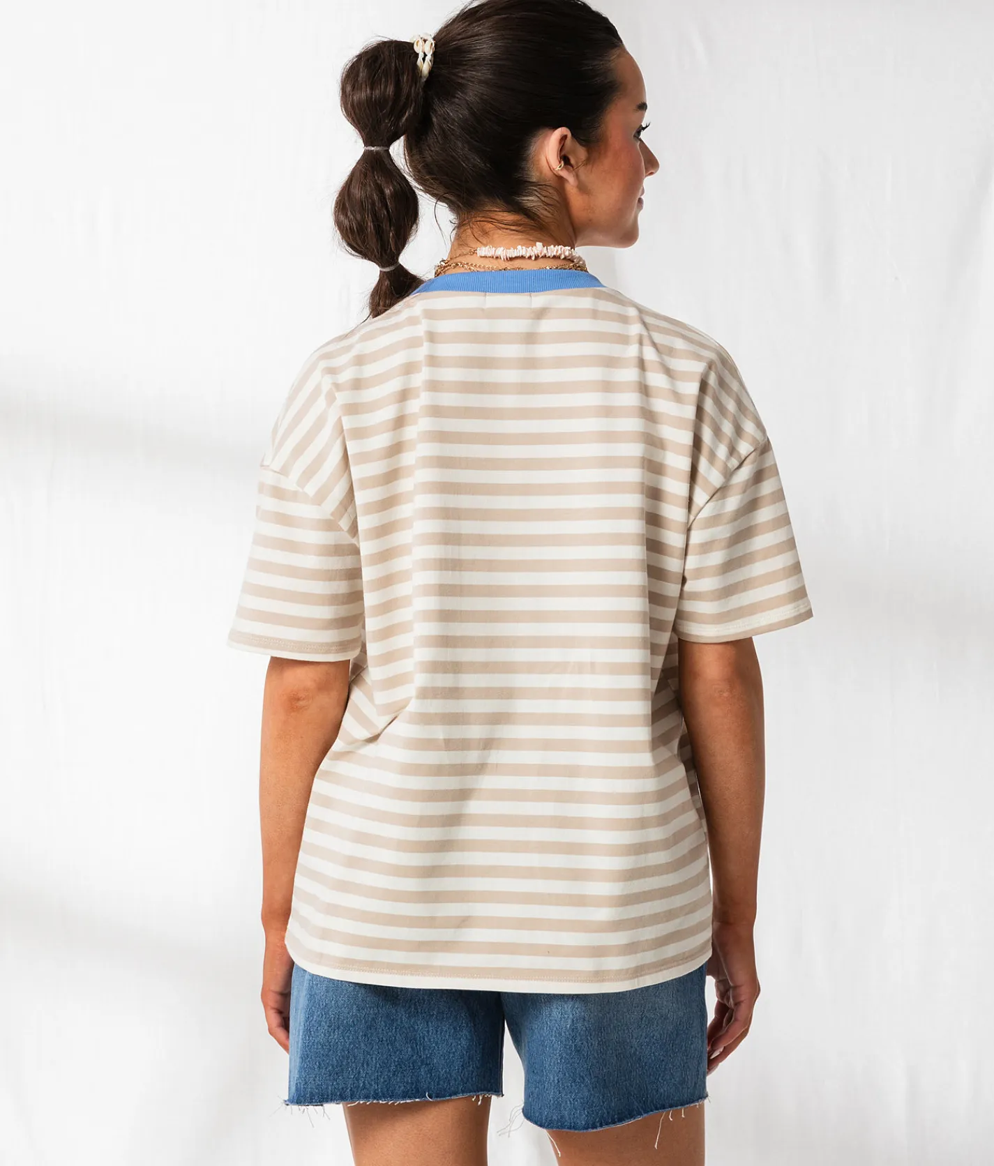 Tops | 33 Coastal Striped Ringer Oversized T-Shirt Cream Taupe