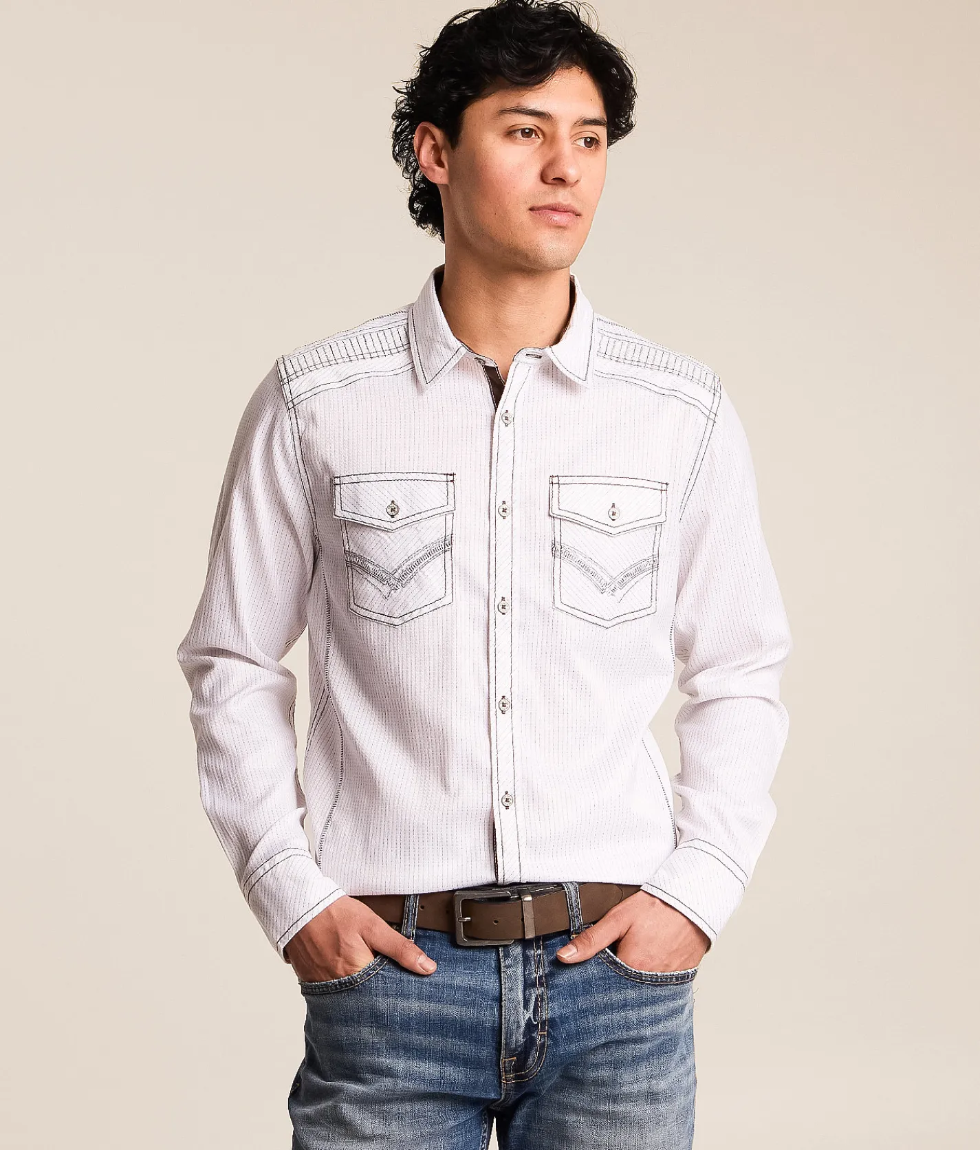 Buckle Black Striped Standard Stretch Shirt White Brown Hot