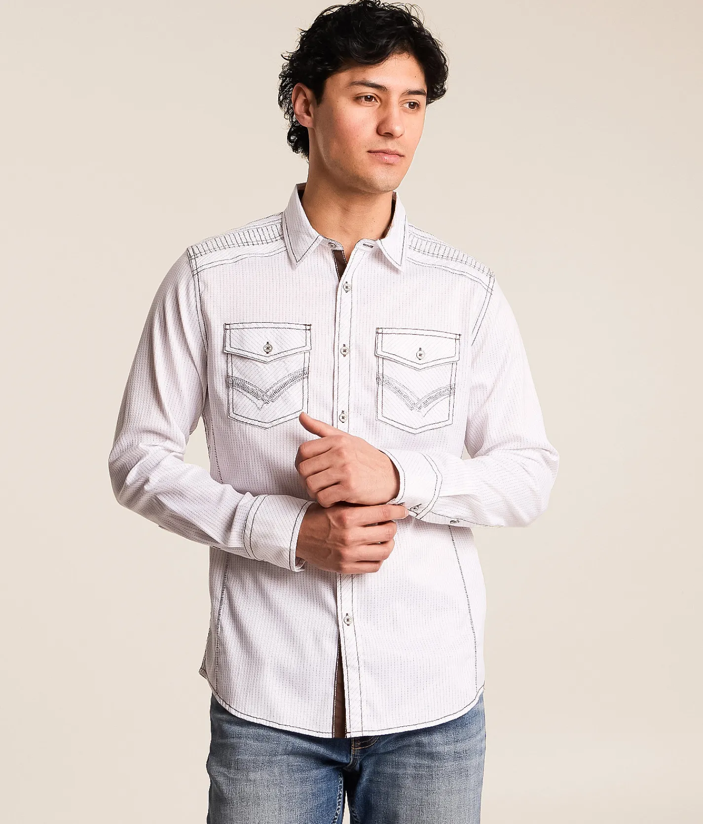 Buckle Black Striped Standard Stretch Shirt White Brown Hot