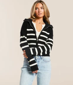 Double Zero Striped Sweater Cream Black Clearance