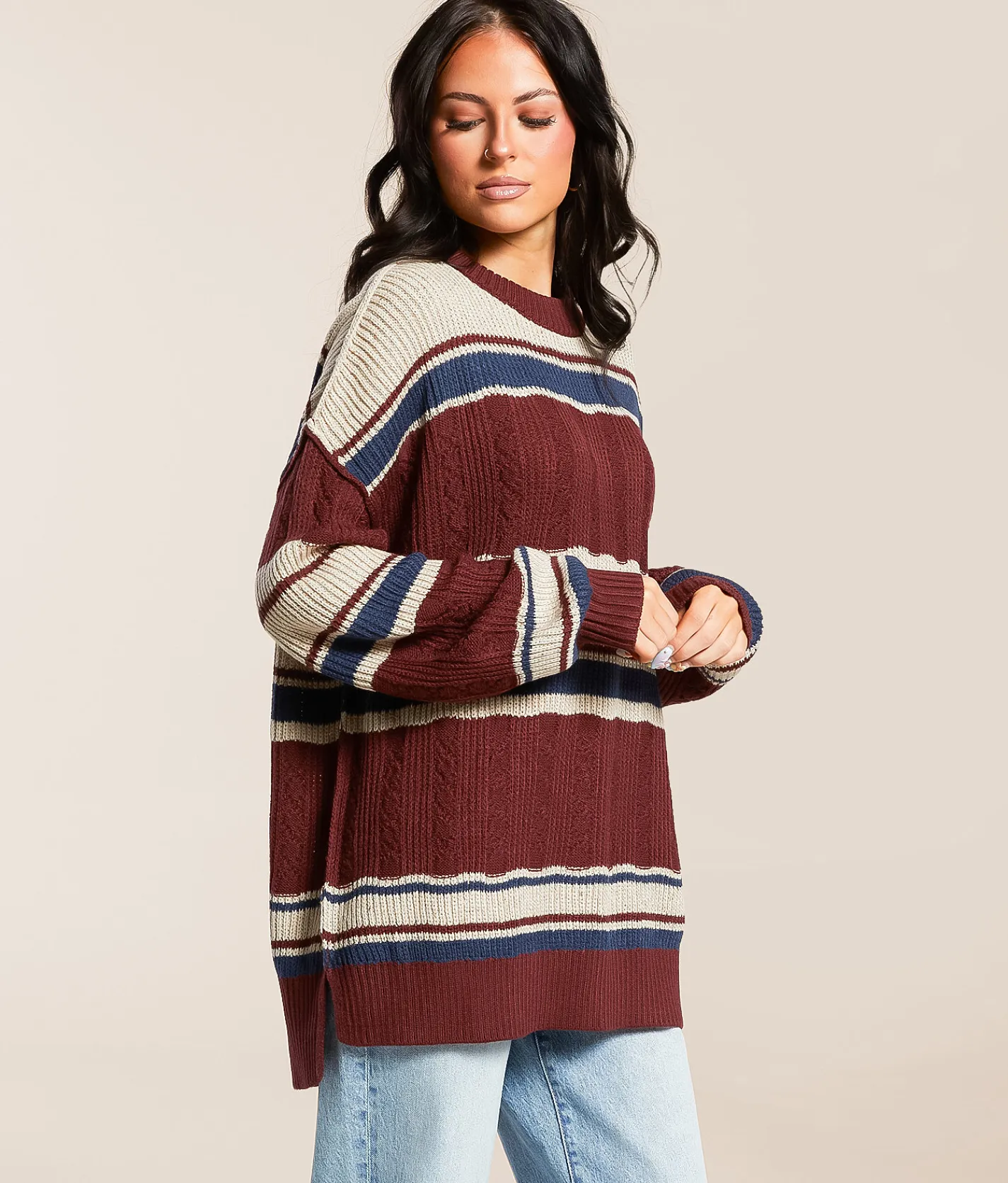 Tops | Gilded Intent Striped Sweater Burgundy Taupe Navy