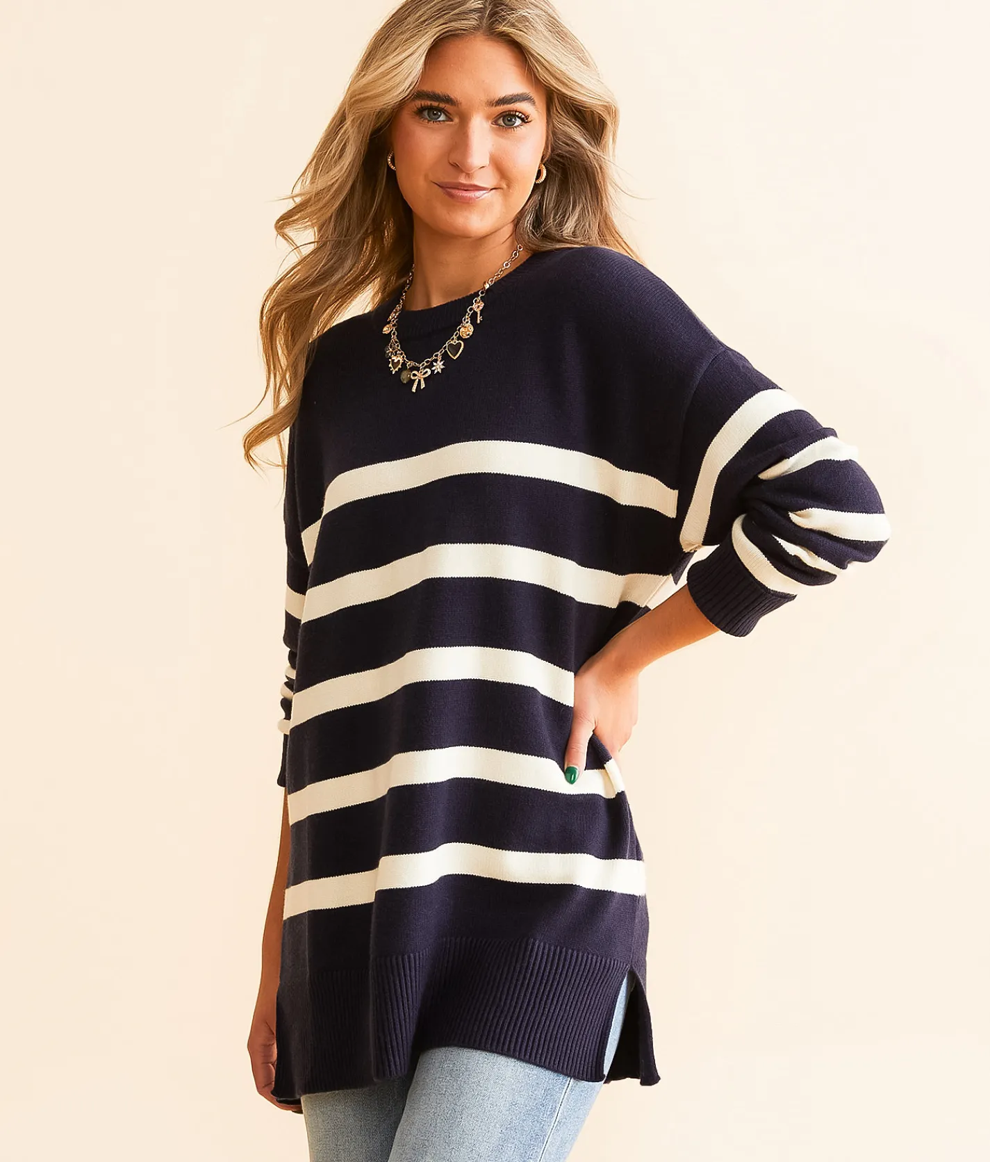 Tops | Blu Pepper Striped Sweater Navy