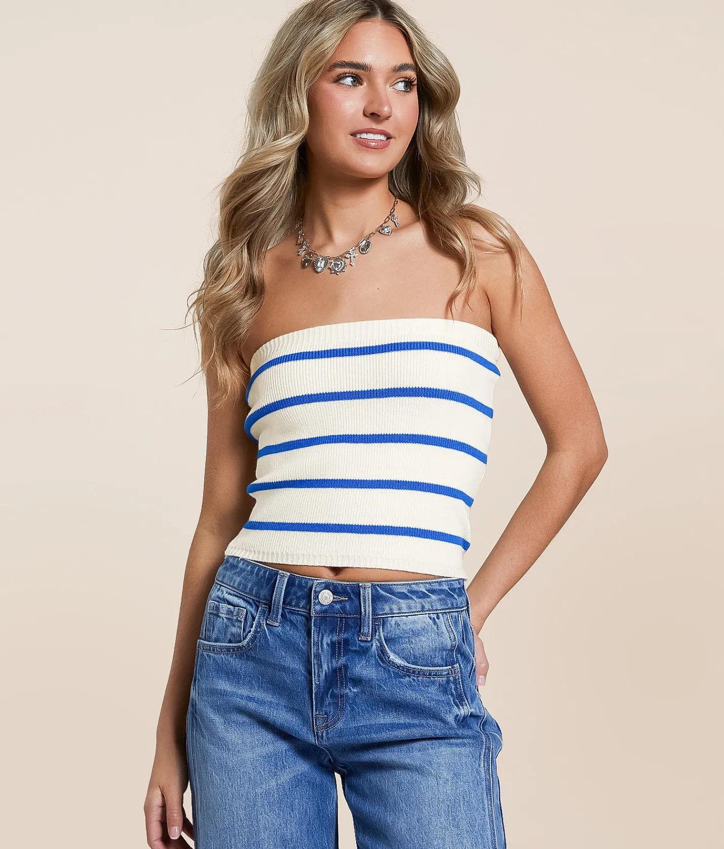 Tops | Double Zero Striped Sweater Cropped Tube Top Blue Cream