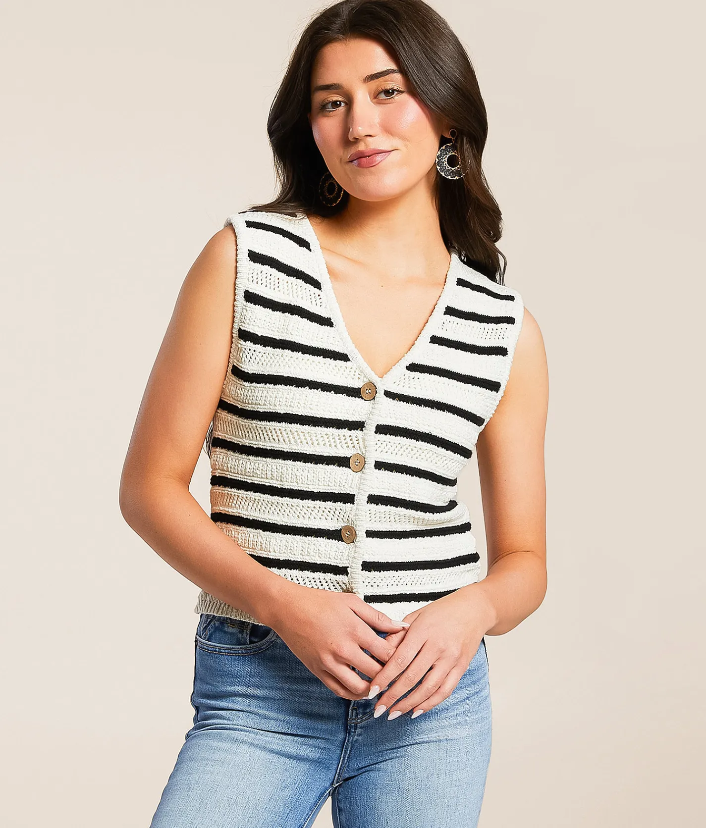 Tops | Double Zero Striped Sweater Tank Top Black Cream