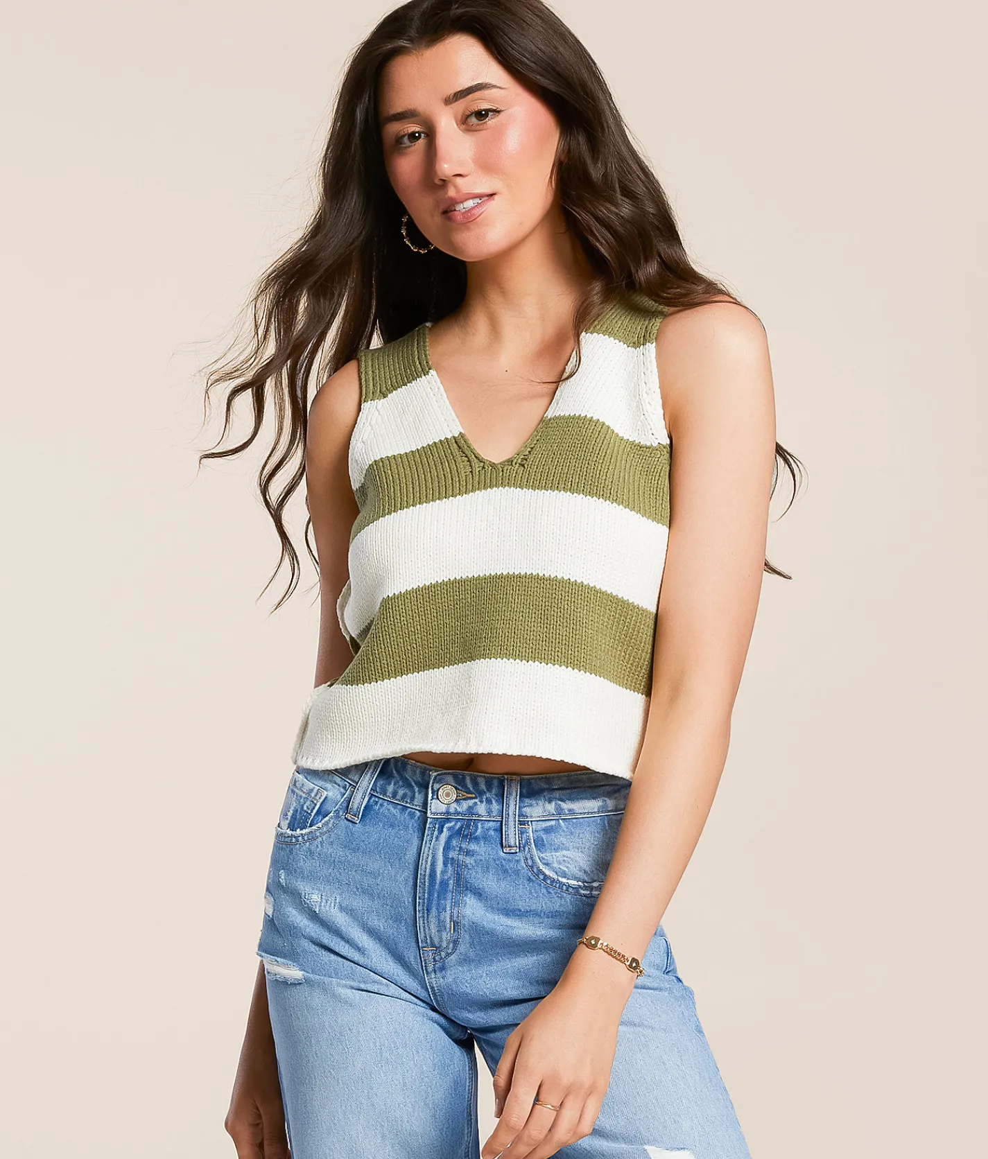 Willow & Root Striped Sweater Tank Top Olive Cream Online