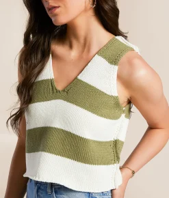 Willow & Root Striped Sweater Tank Top Olive Cream Online