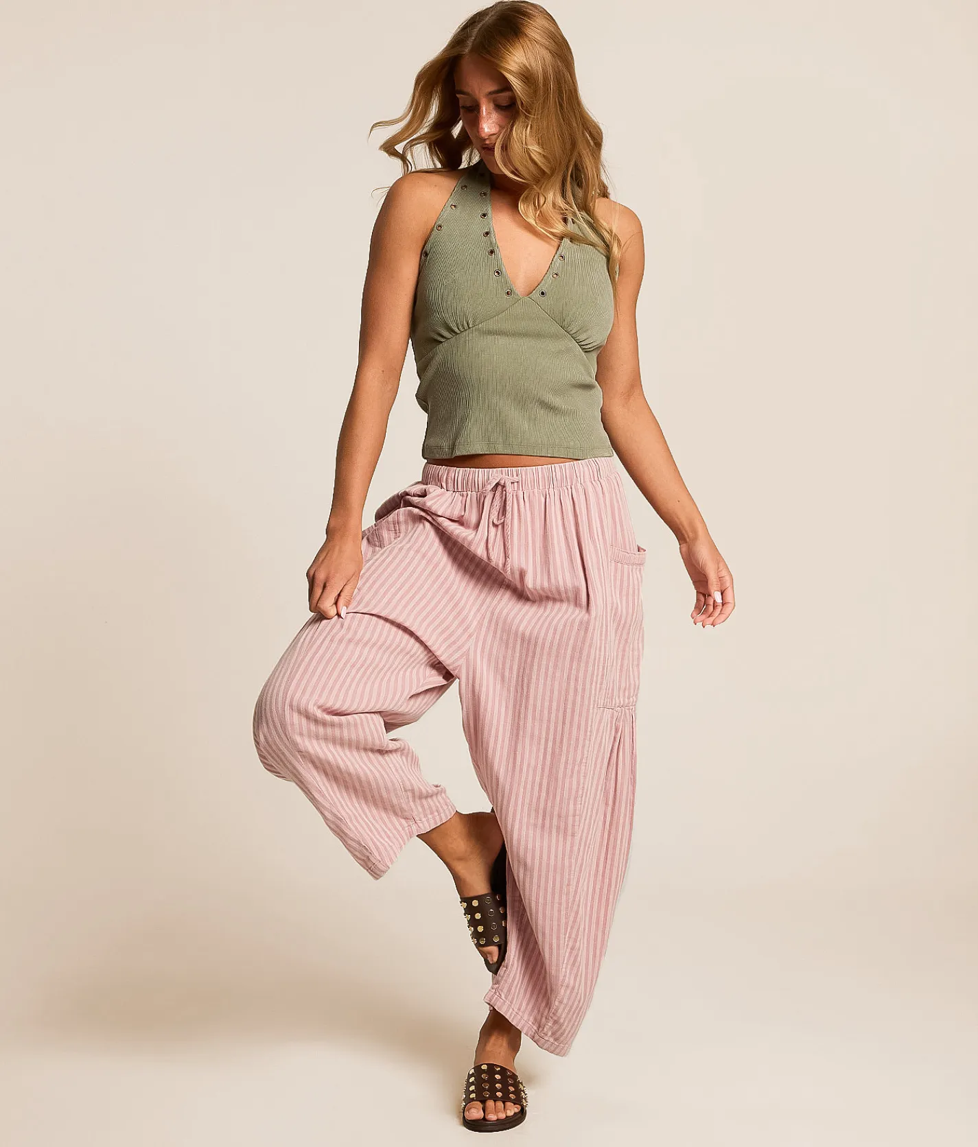 Urban Daizy Striped Taper Pant Pink Discount