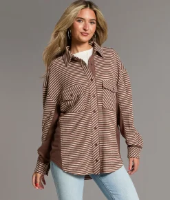 BKE Striped Thermal Boyfriend Shirt Brown Cream Sale