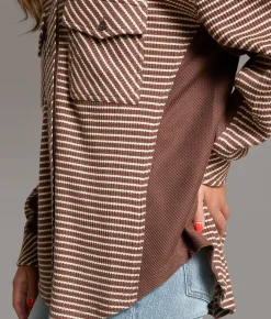 BKE Striped Thermal Boyfriend Shirt Brown Cream Sale