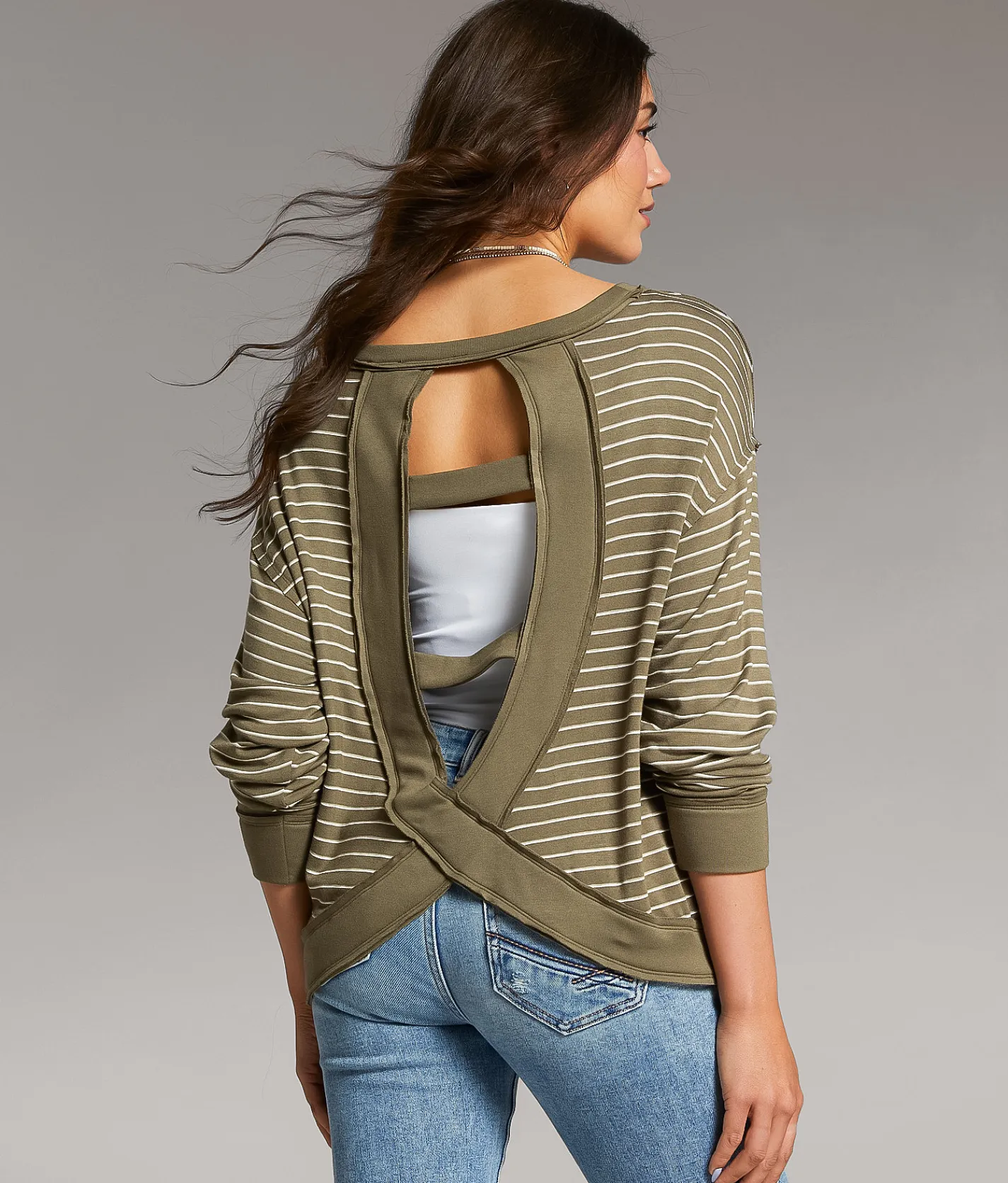 Tops | BKE Striped Top Olive Cream Stripe