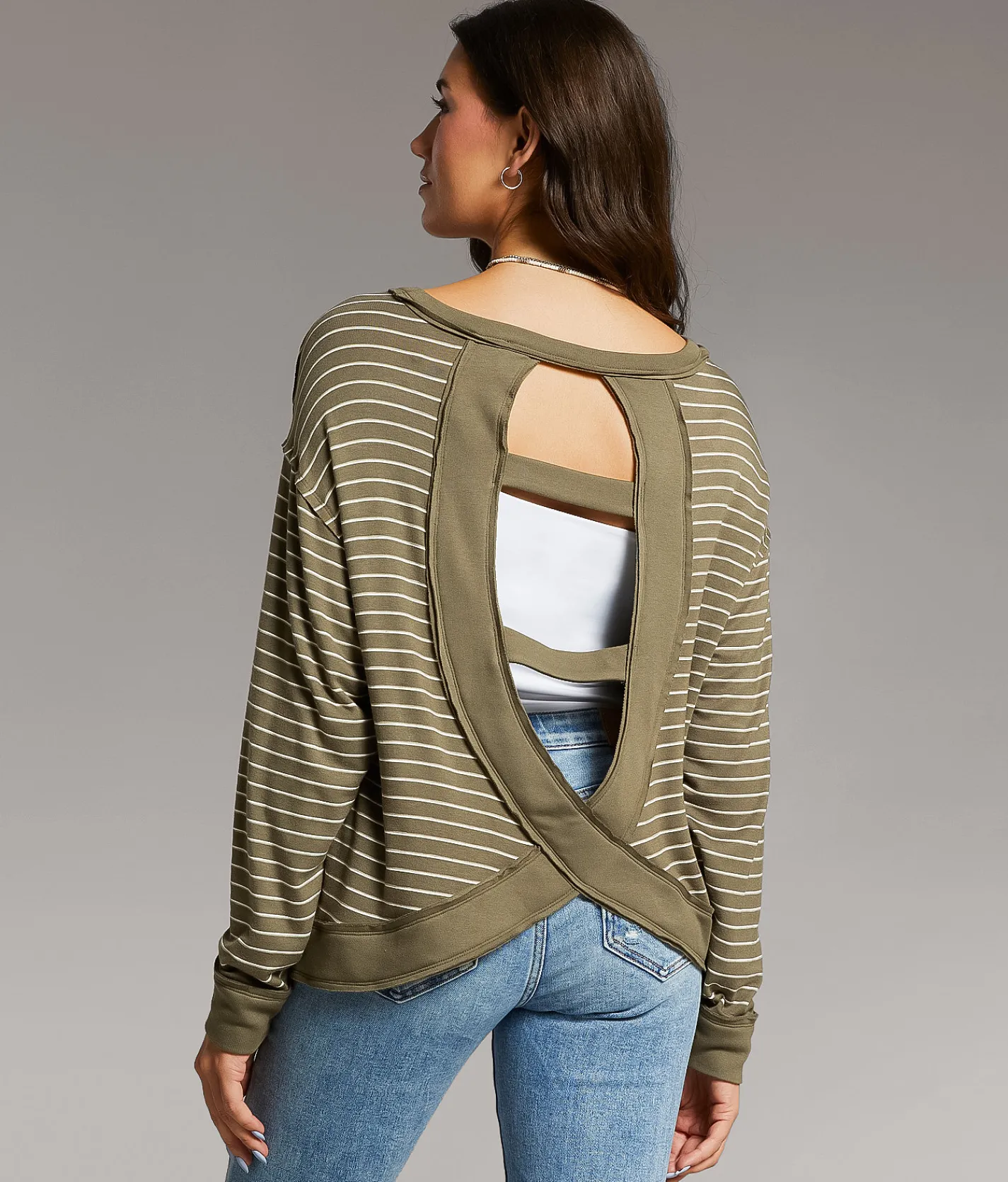 Tops | BKE Striped Top Olive Cream Stripe