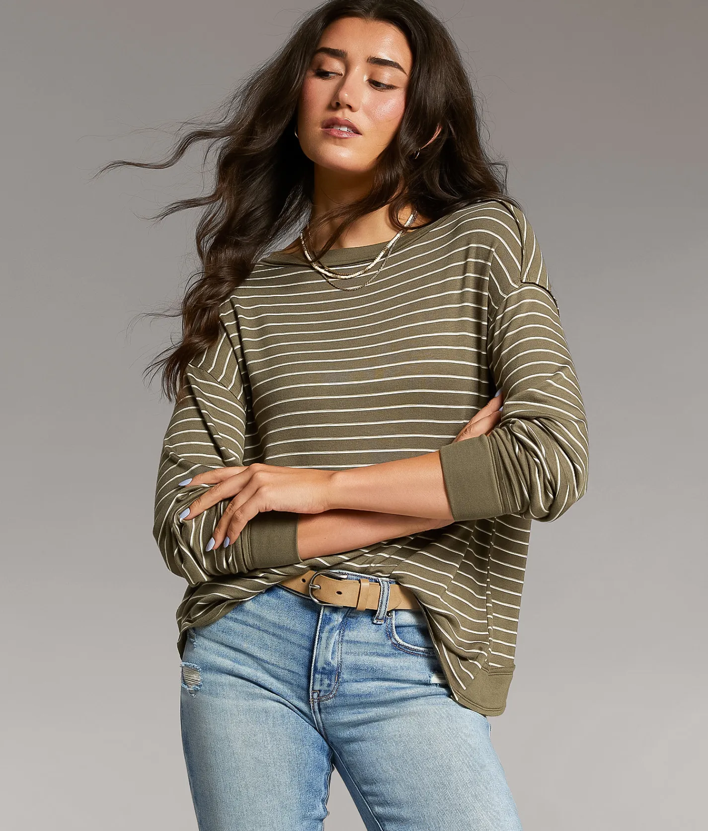 Tops | BKE Striped Top Olive Cream Stripe