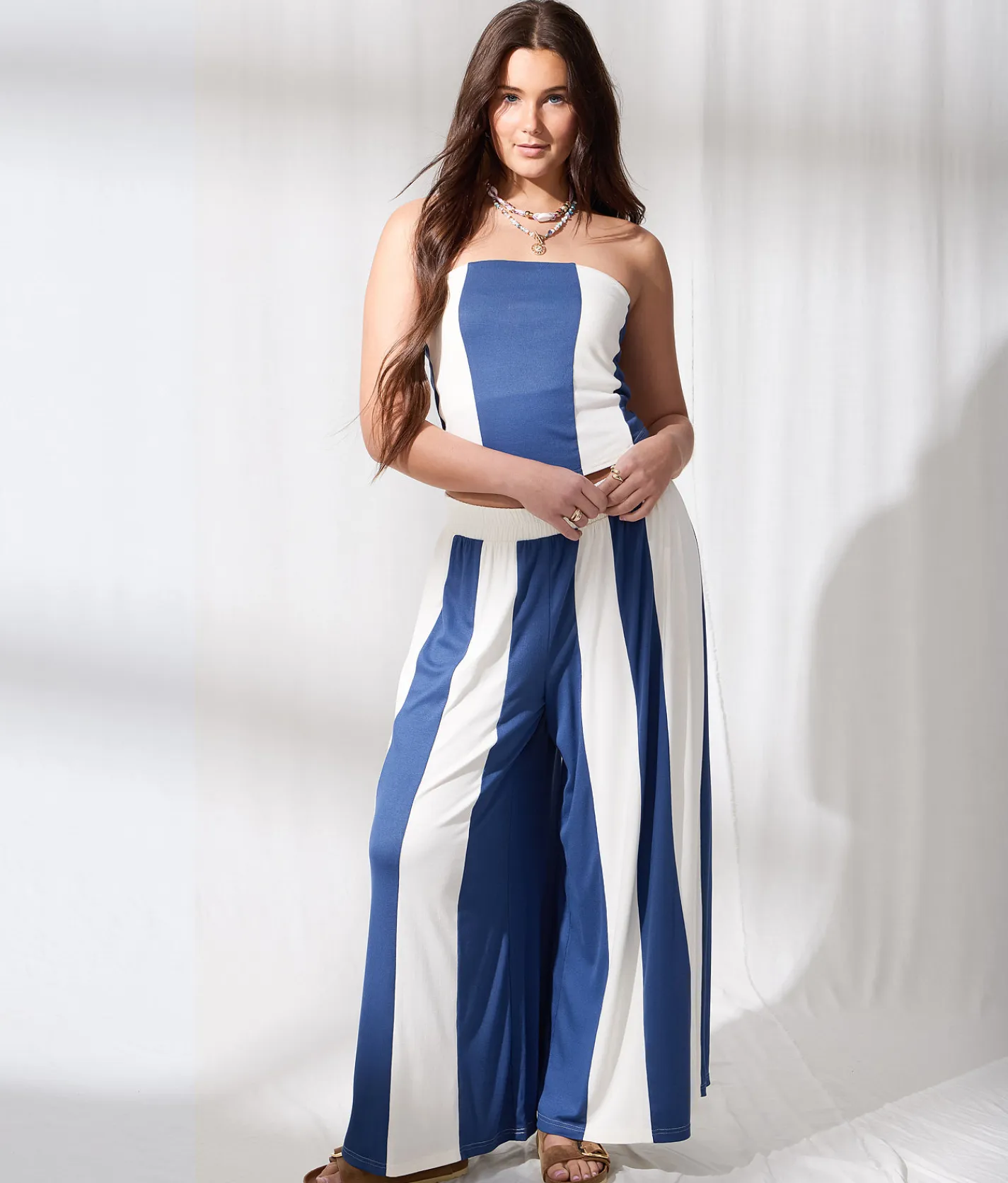 33 Coastal Striped Wide Leg Pant Blue New