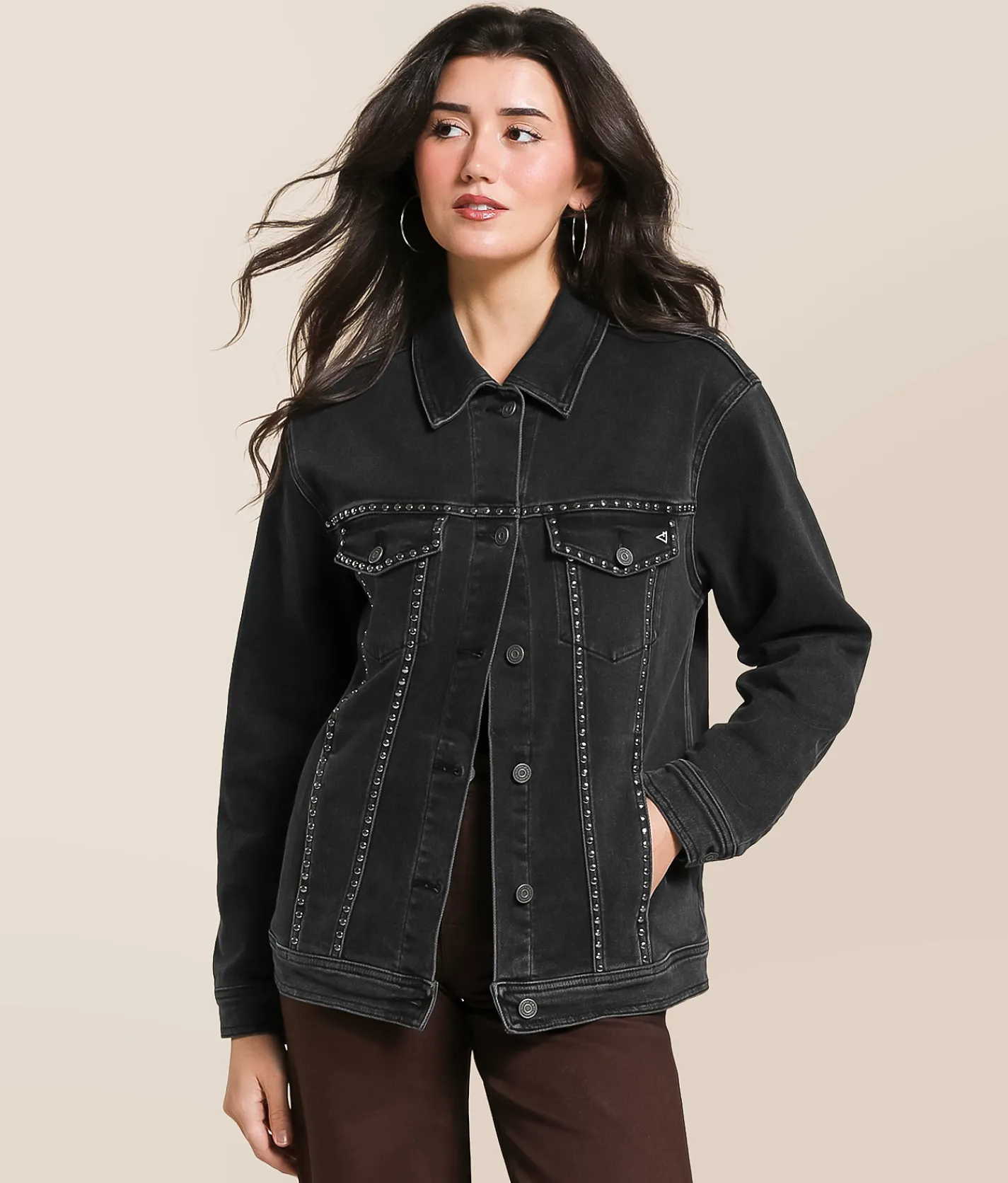Tops|Coats & Jackets | HIDDEN Studded Denim Oversized Jacket Black