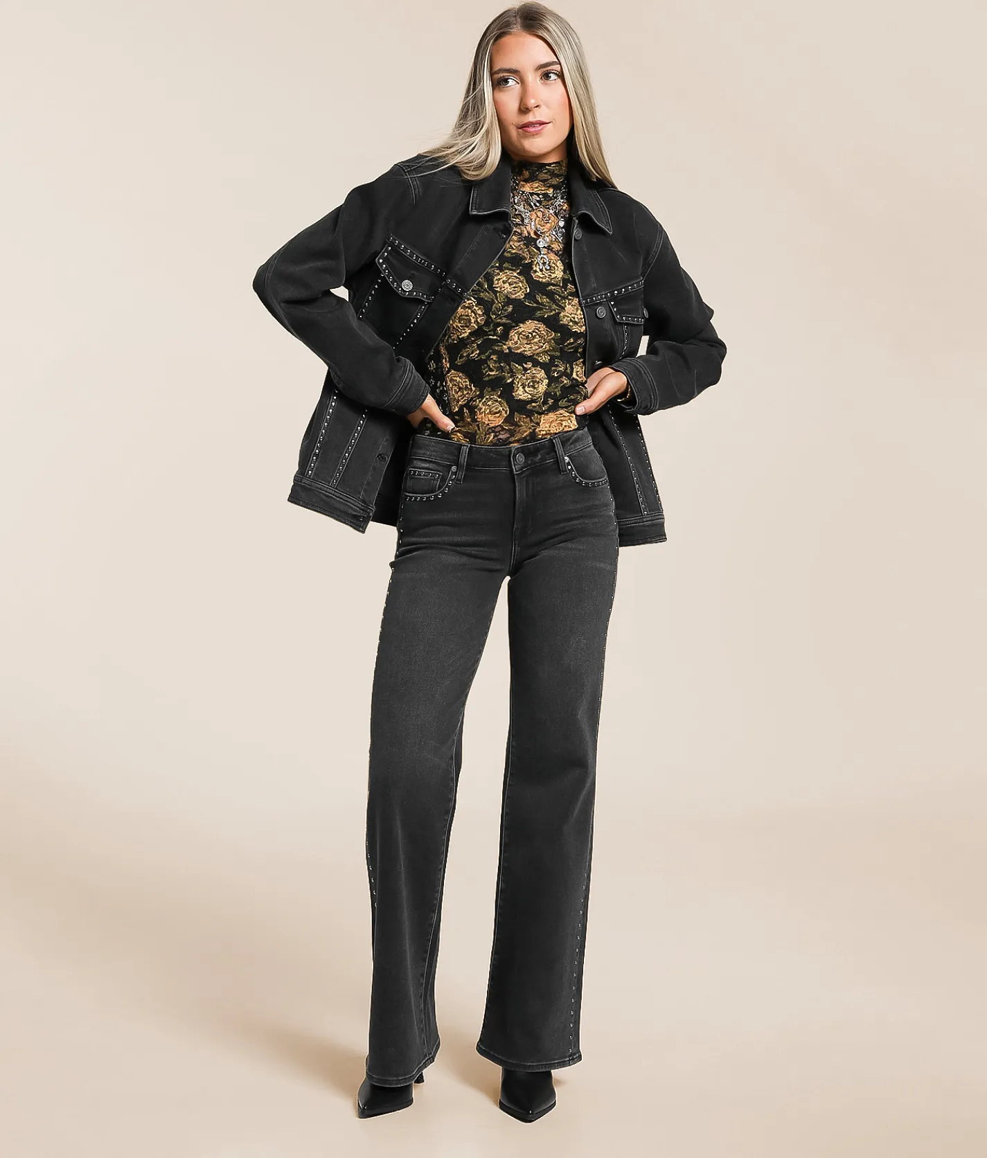 Tops|Coats & Jackets | HIDDEN Studded Denim Oversized Jacket Black