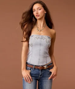 Sterling & Stitch Studded Denim Tube Top Medium Wash New