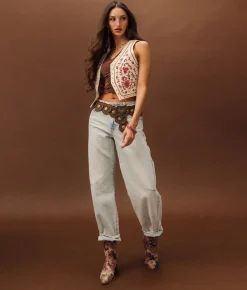 Tops|Coats & Jackets | Sterling & Stitch Studded Floral Denim Stretch Vest Cream Multi