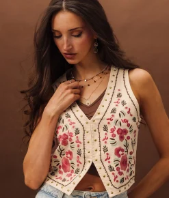 Tops|Coats & Jackets | Sterling & Stitch Studded Floral Denim Stretch Vest Cream Multi