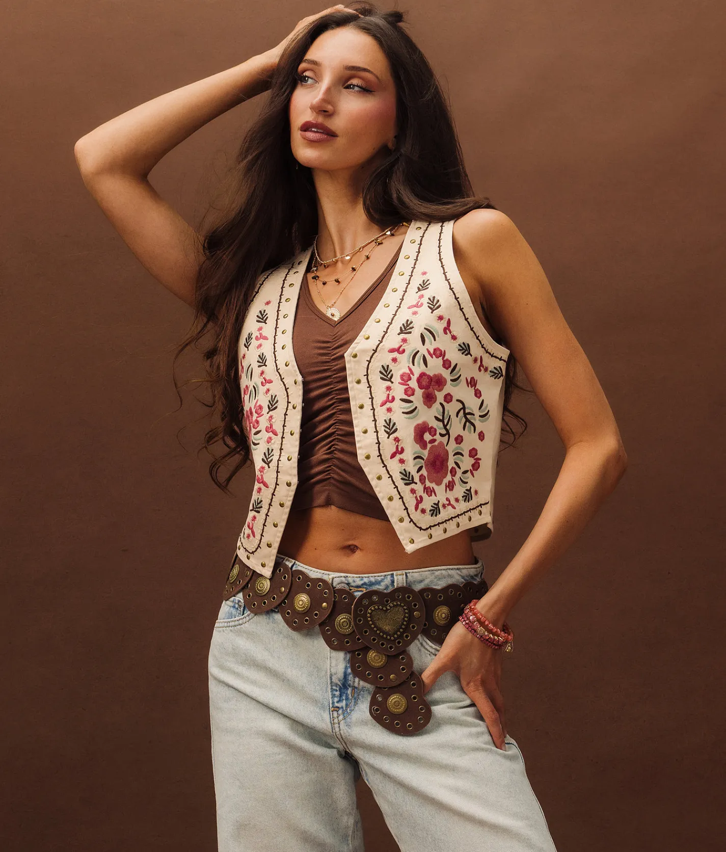 Tops|Coats & Jackets | Sterling & Stitch Studded Floral Denim Stretch Vest Cream Multi