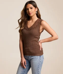 Tops | Miss Me Studded Lace Tank Top Taupe Beige