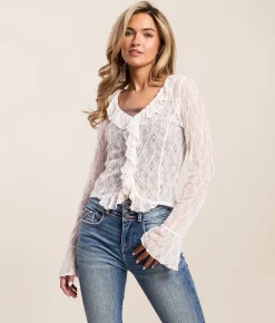 Tops | Willow & Root Studded Ruffle Lace Top White