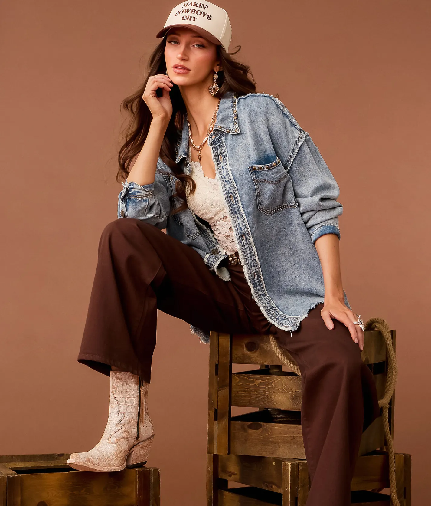 Sterling & Stitch Studded Western Chambray Shirt Light Wash