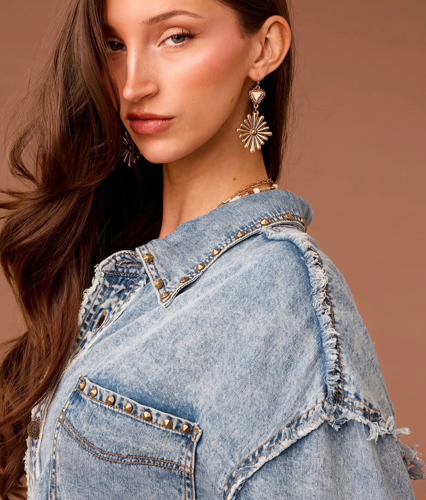Sterling & Stitch Studded Western Chambray Shirt Light Wash