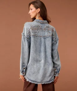 Sterling & Stitch Studded Western Chambray Shirt Light Wash