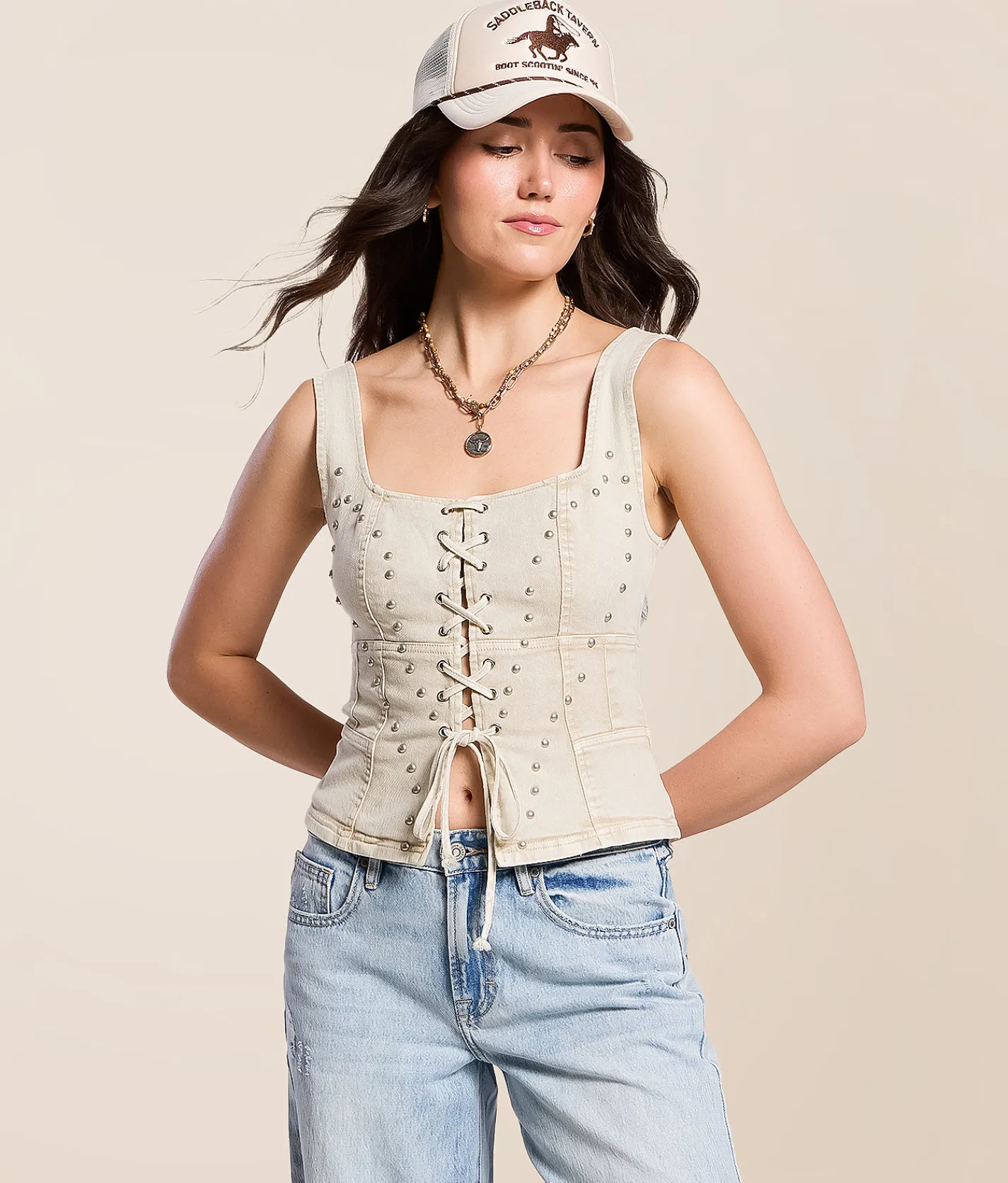 Blue B Studded Western Denim Stretch Tank Top Sand Online