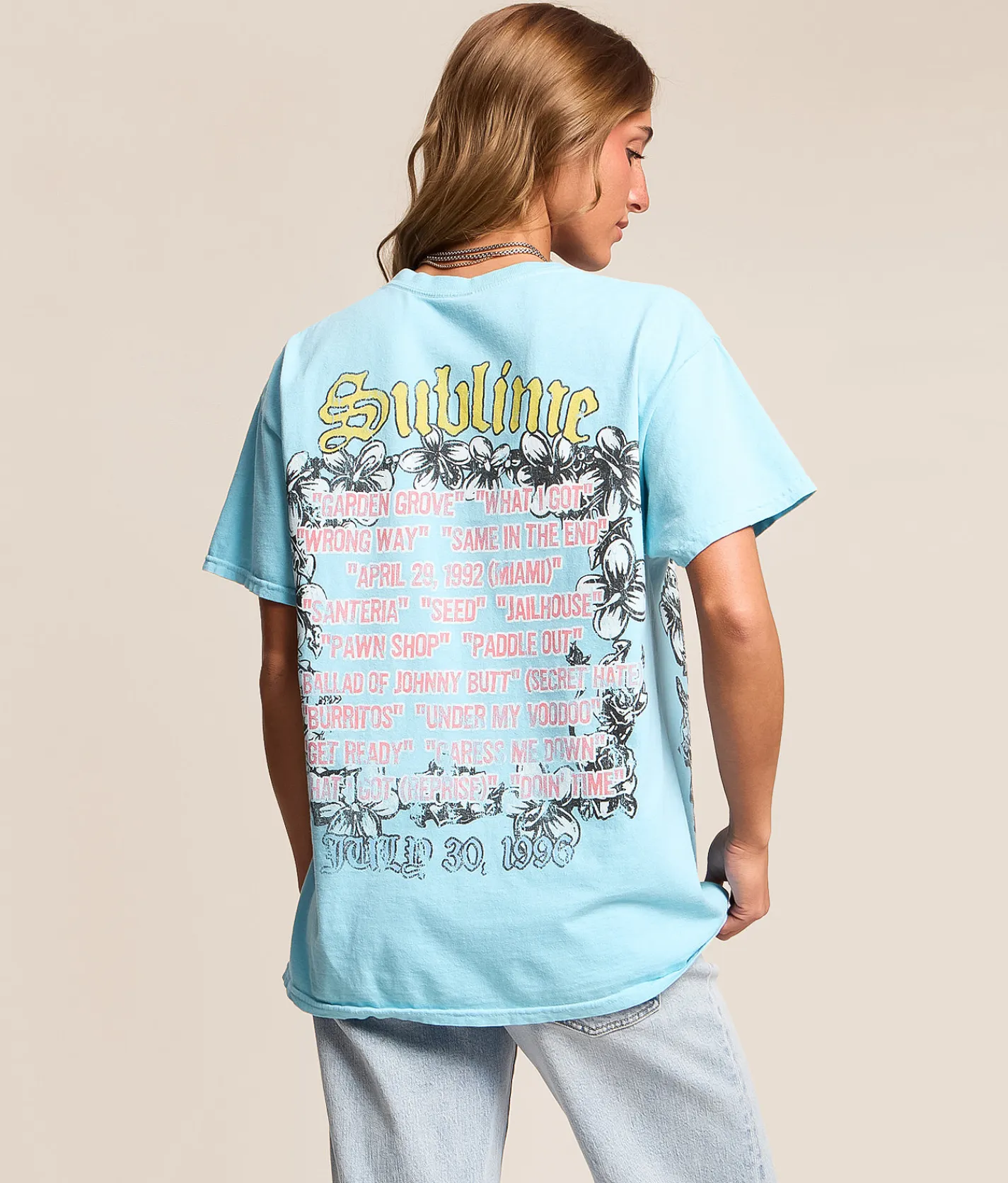 Merch Traffic Sublime Floral Dog Oversized Band T-Shirt Baby Blue Best