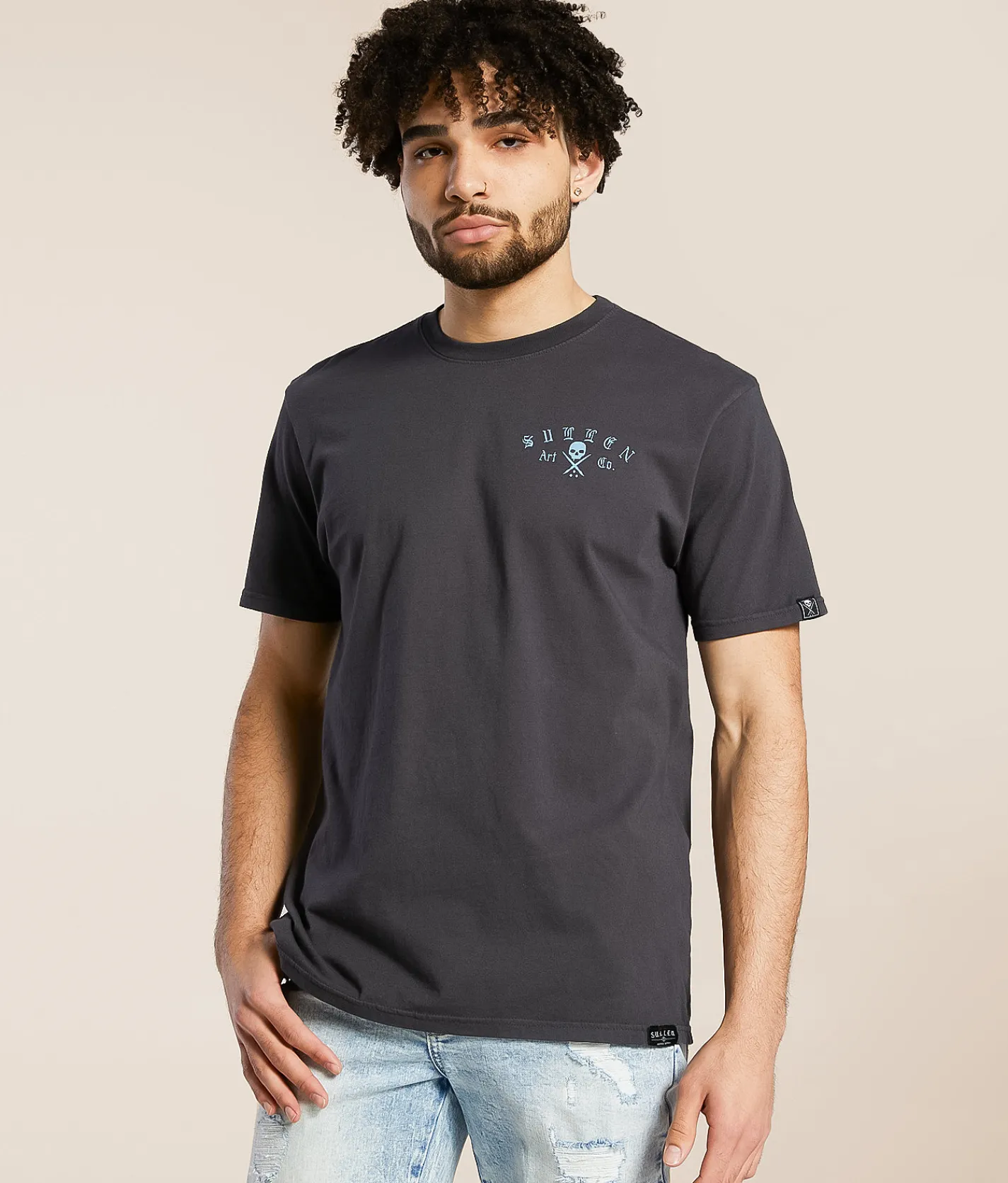 Sullen Adis Badge T-Shirt Grey Pinstripe New
