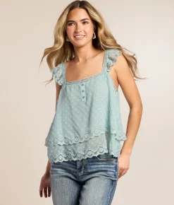 Willow & Root Swiss Dot Ruffle Henley Tank Top Blue Online