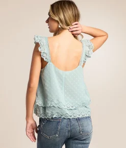 Willow & Root Swiss Dot Ruffle Henley Tank Top Blue Online