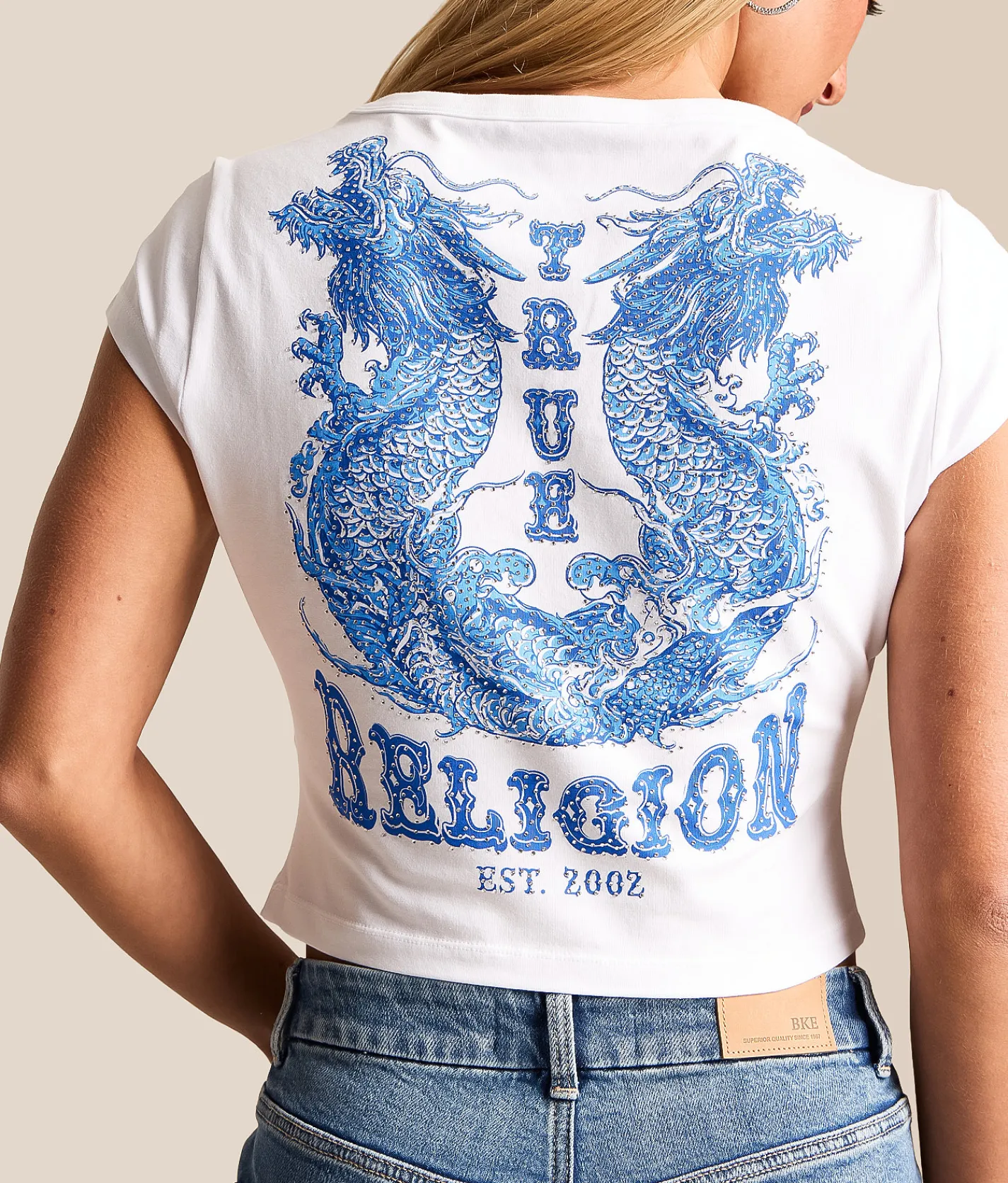 True Religion Tattoo Cropped Baby T-Shirt Optic White Clearance