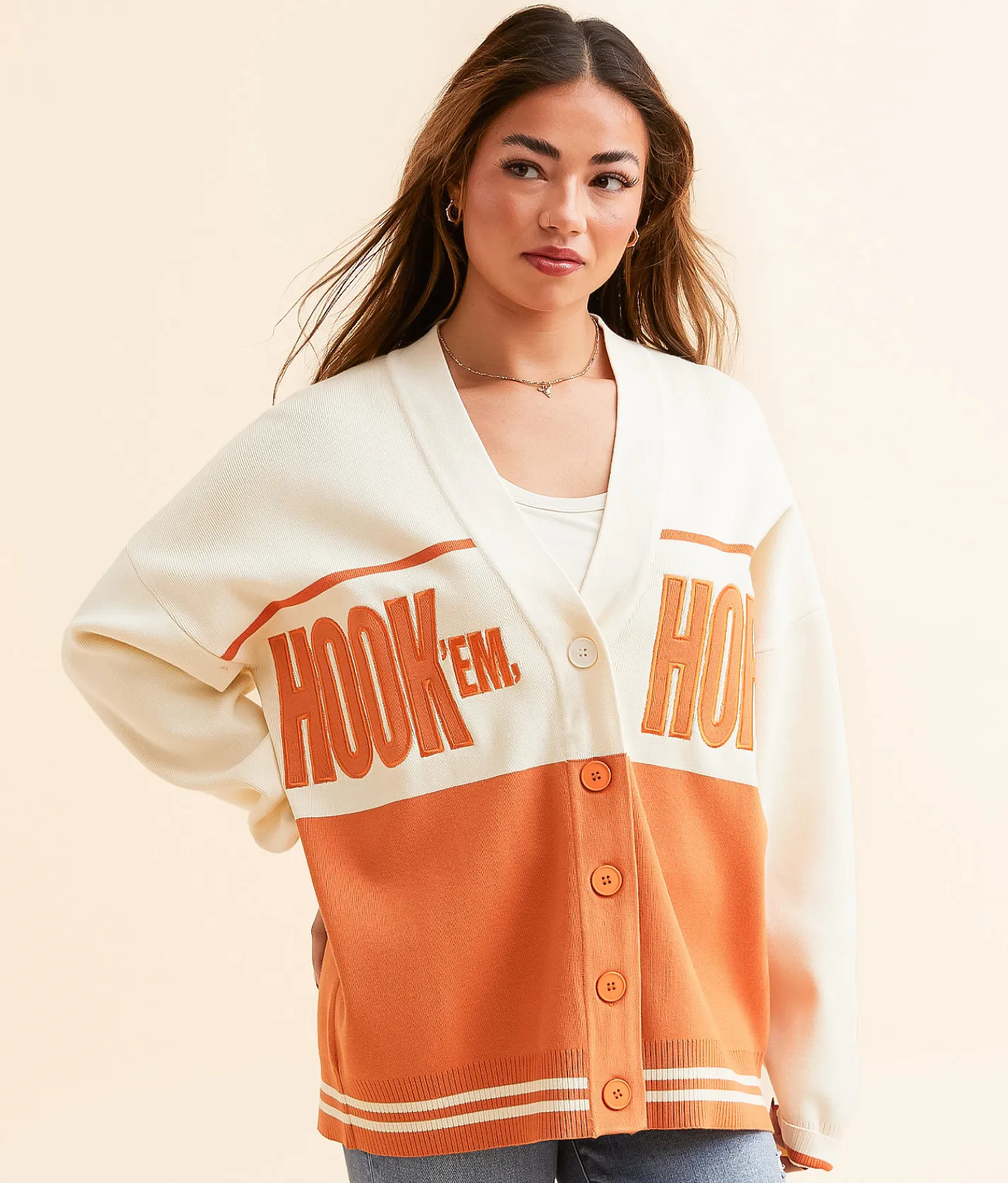 Gameday SOCIAL® Texas Hook 'Em Horns Cardigan Sweater Burnt Orange Clearance
