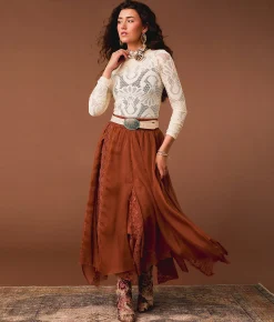 Bottoms | Gimmicks Textured Chiffon Lace Trim Midi Skirt Copper Brown