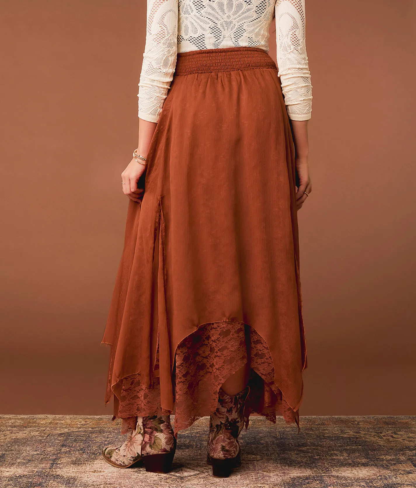 Bottoms | Gimmicks Textured Chiffon Lace Trim Midi Skirt Copper Brown