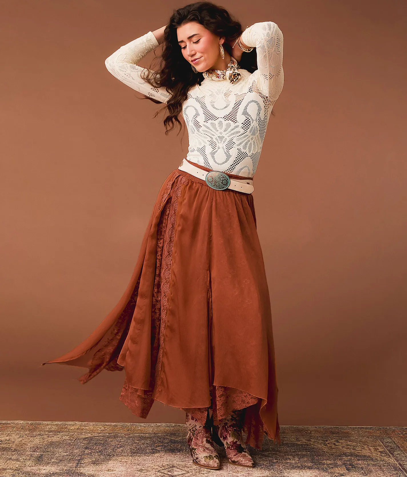 Bottoms | Gimmicks Textured Chiffon Lace Trim Midi Skirt Copper Brown