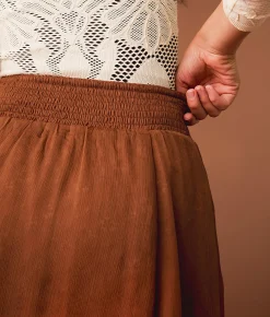 Bottoms | Gimmicks Textured Chiffon Lace Trim Midi Skirt Copper Brown