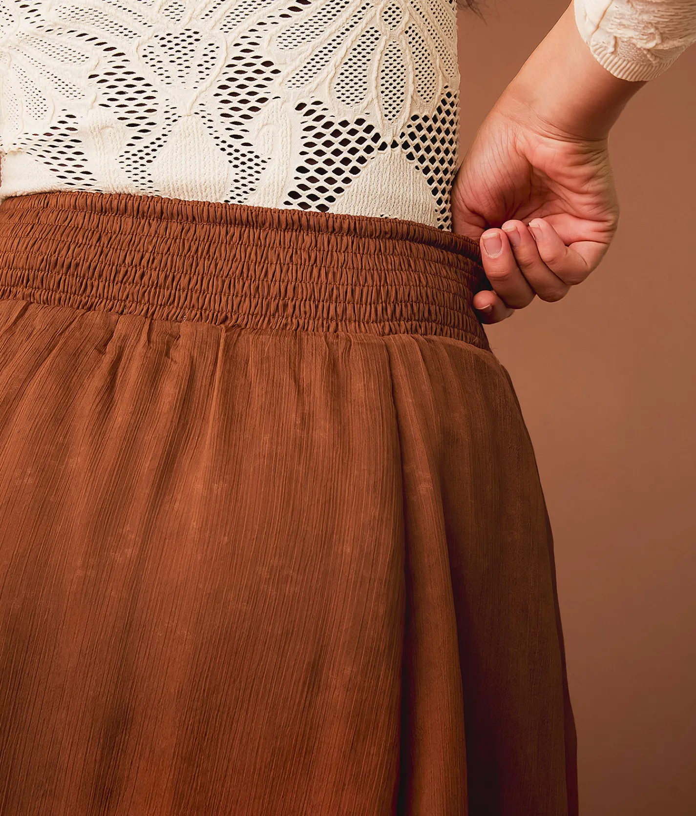 Bottoms | Gimmicks Textured Chiffon Lace Trim Midi Skirt Copper Brown