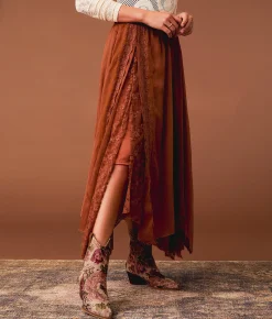 Bottoms | Gimmicks Textured Chiffon Lace Trim Midi Skirt Copper Brown
