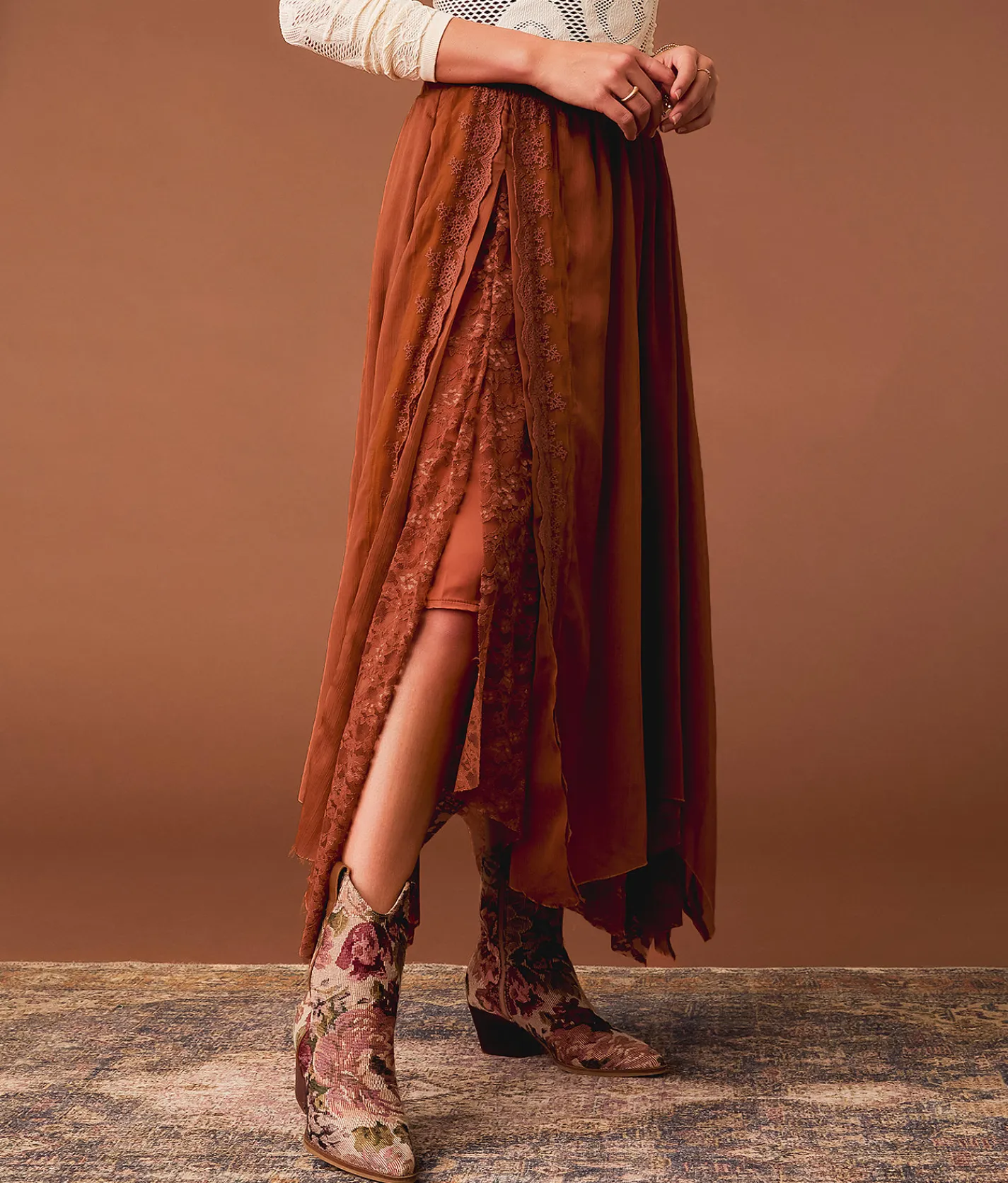 Bottoms | Gimmicks Textured Chiffon Lace Trim Midi Skirt Copper Brown