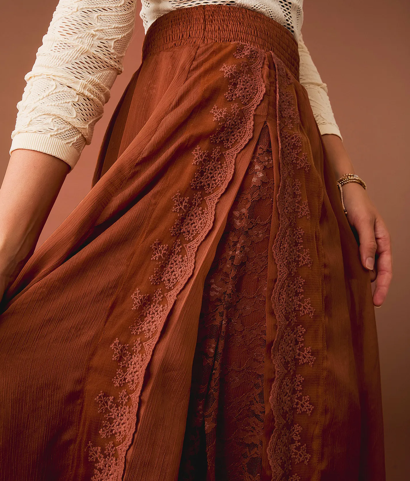 Bottoms | Gimmicks Textured Chiffon Lace Trim Midi Skirt Copper Brown