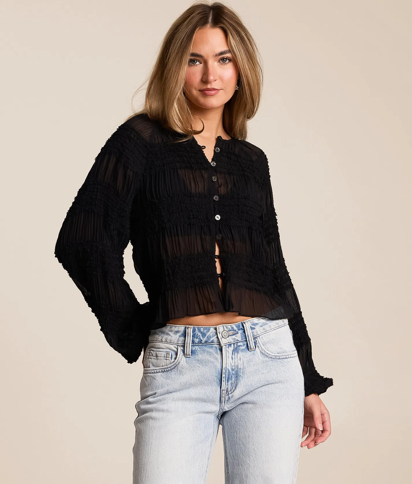 Willow & Root Textured Chiffon Top Black Sale