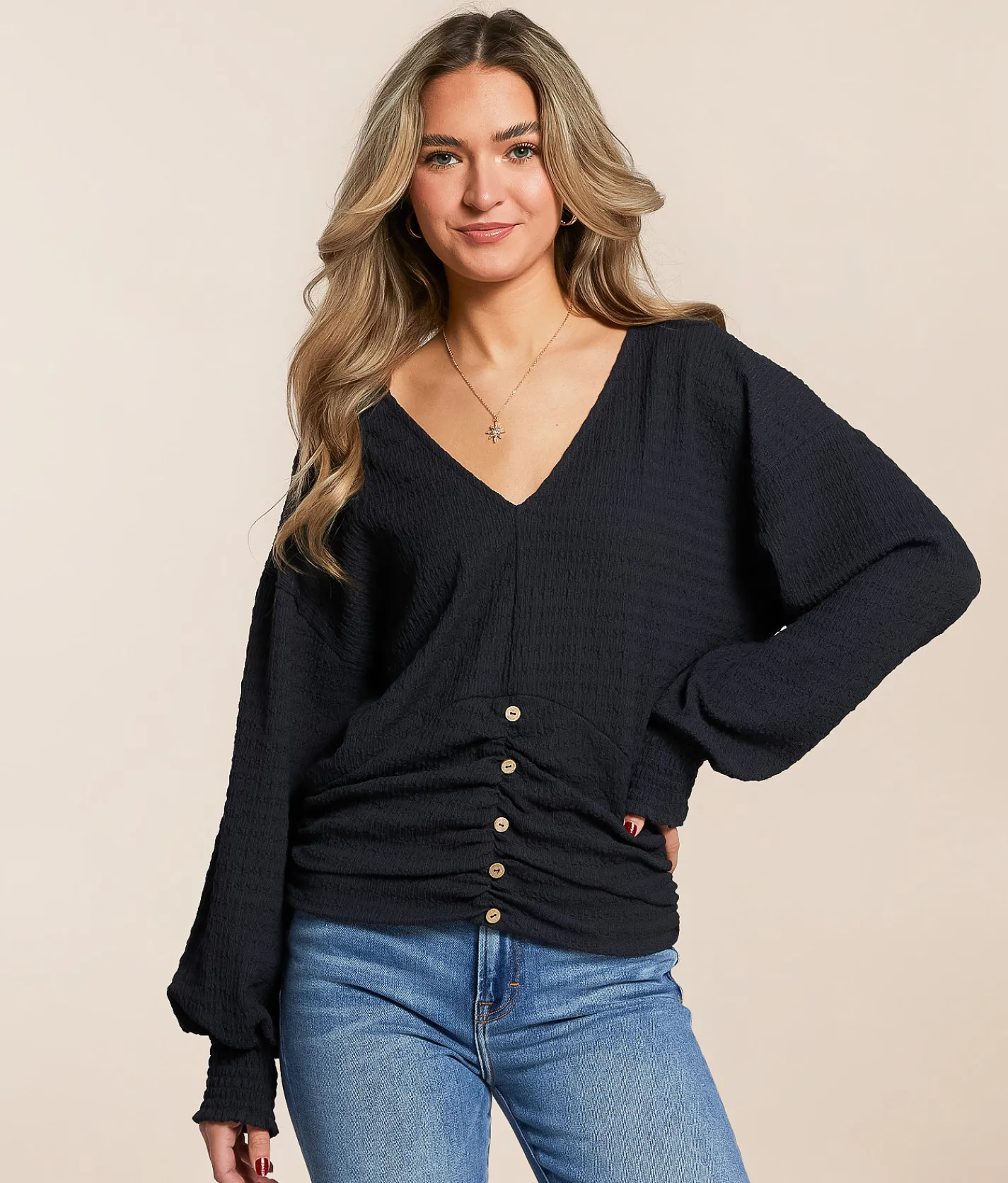 Daytrip Textured Faux Button Top Navy New