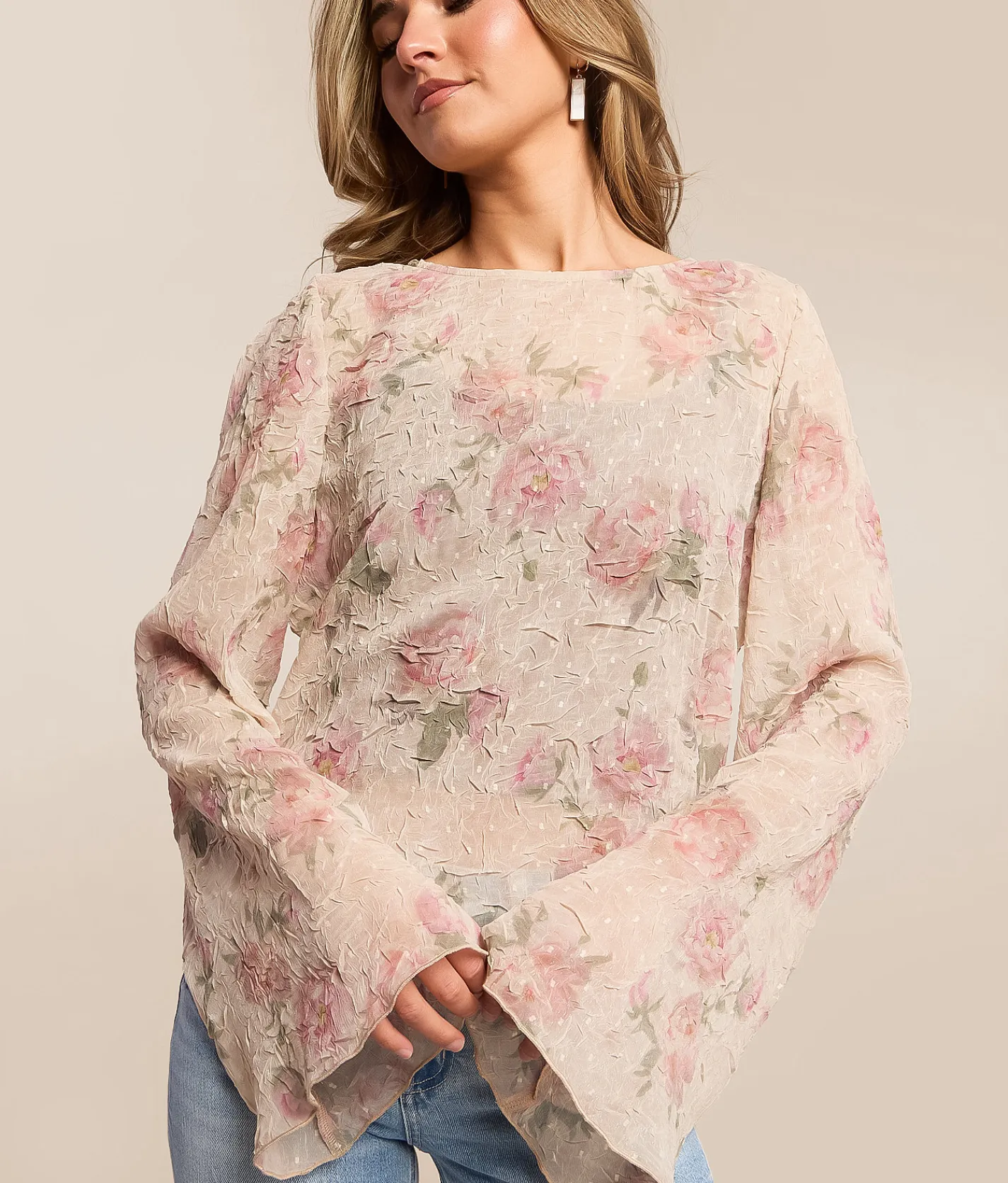 Tops | Willow & Root Textured Floral Chiffon Top Pink