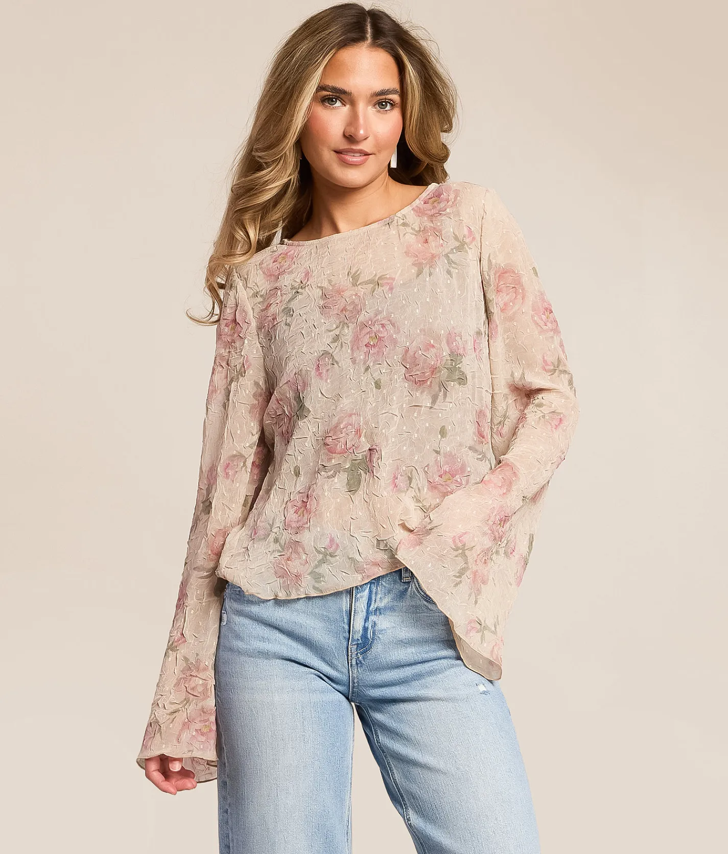 Tops | Willow & Root Textured Floral Chiffon Top Pink